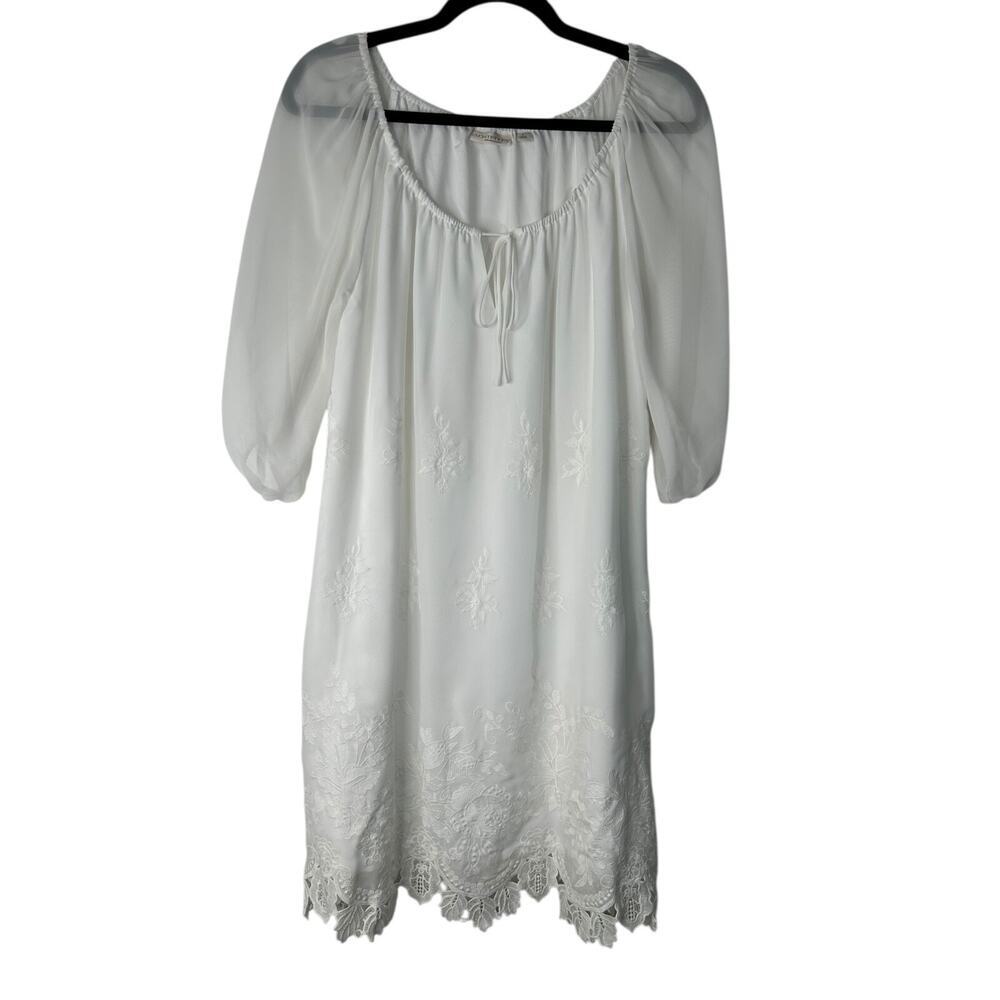 Eva Mendes Top Size S White‎ Floral Embroidered Puff Sleeve Blouse Boho Romantic
